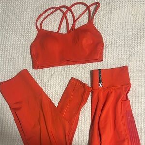 savage fenty Orange Strappy Sports Bra and  Shorts Leggings Set